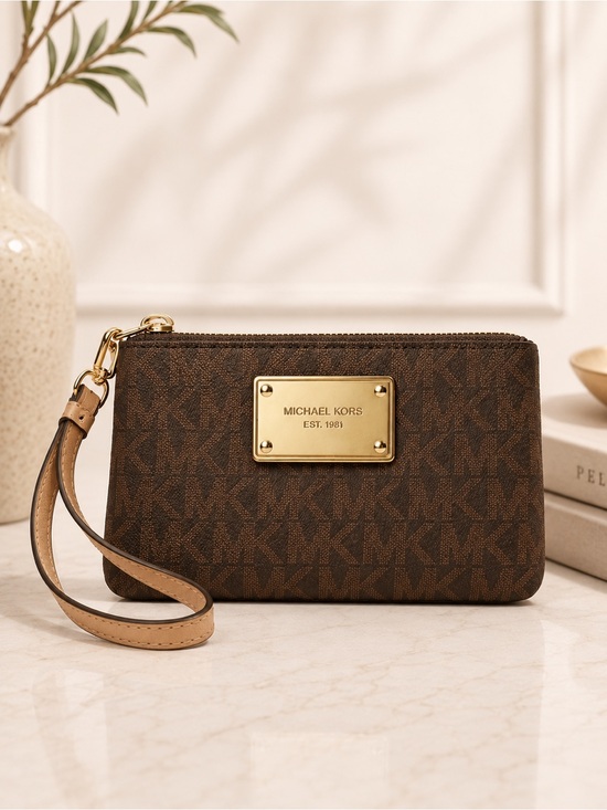 Michael Kors Handbags - Michael Kors MK Signature Brown Monogram Wristlet Zip Wallet